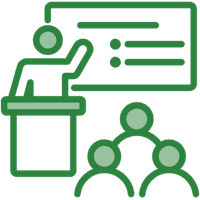 Green icon of a group of people taking an assessment together.