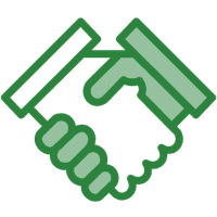 Two-tone green icon of a handshake.