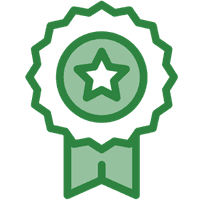 Two-tone green icon of an award ribbon with a star medal.