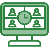 Two-tone green icon of a monitor showing a virtual class of four people.