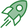 Two-tone green icon of a rocket launching.