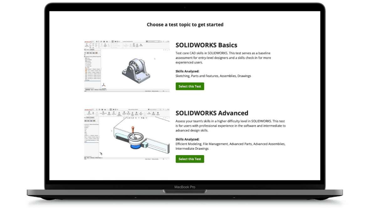 Skills Analyzer test selection screen listing available assessments.