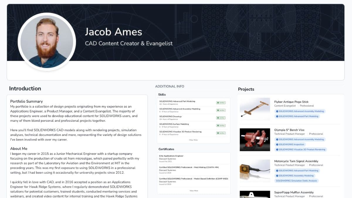 SolidProfessor Careers portfolio profile showing a member's skills, projects, and certifications.
