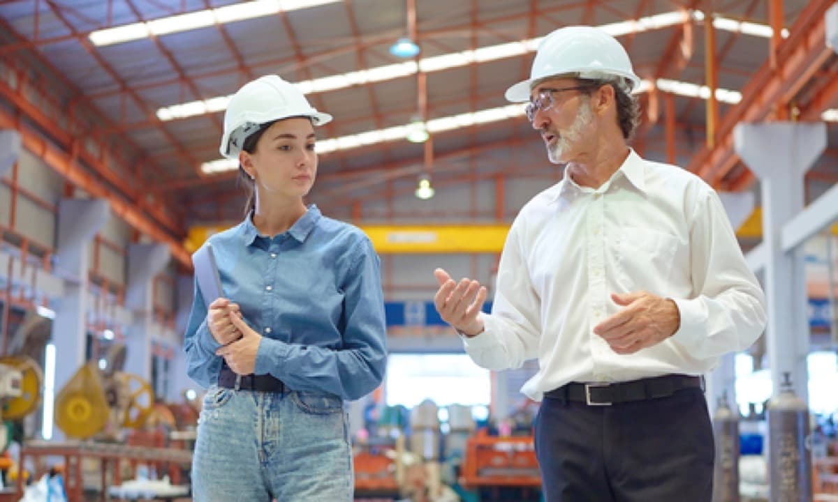 Two colleagues in hard hats talking on a manufacturing floor.