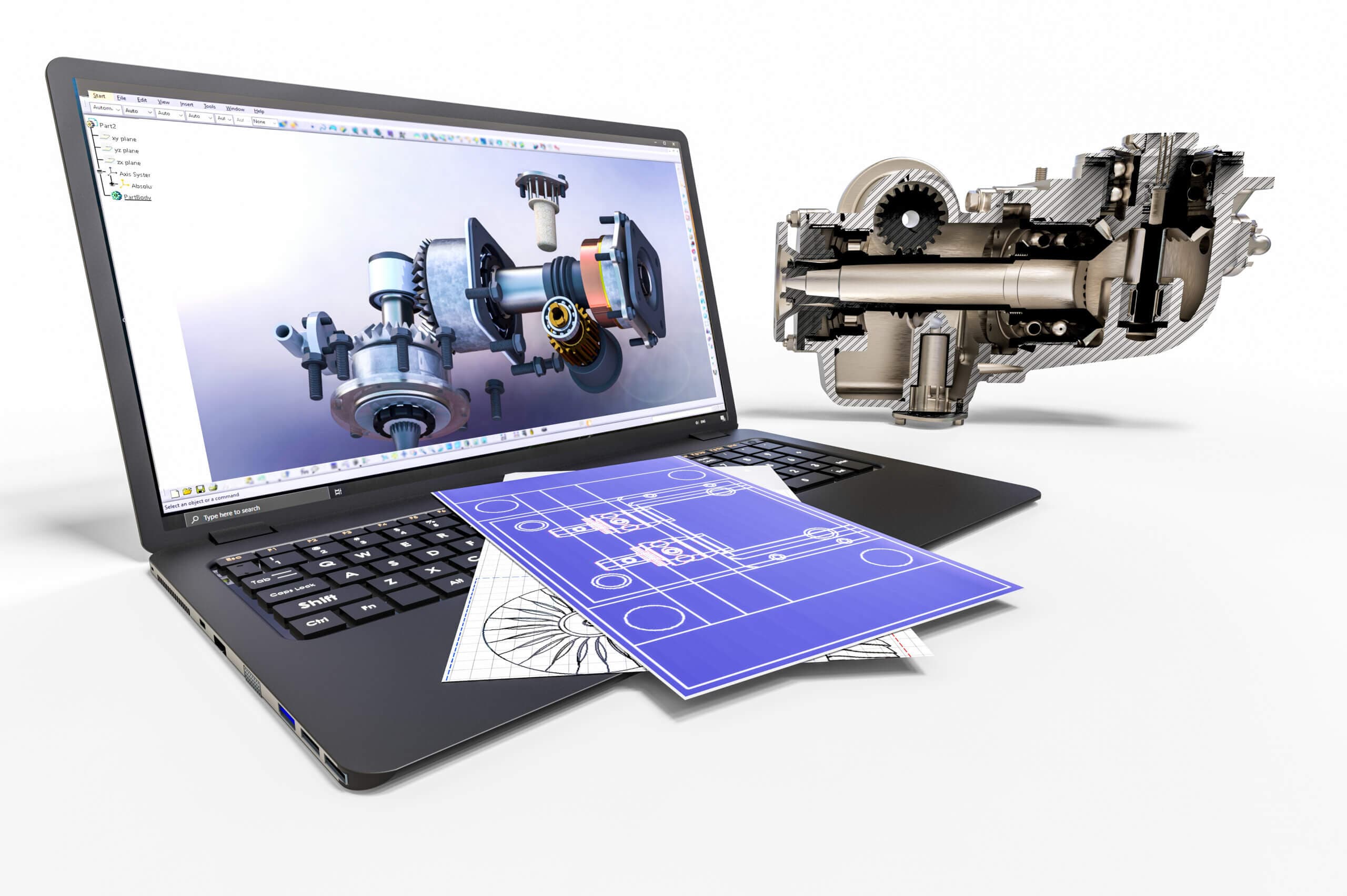 3D render image of a gearbox representing computer aided design for engineers