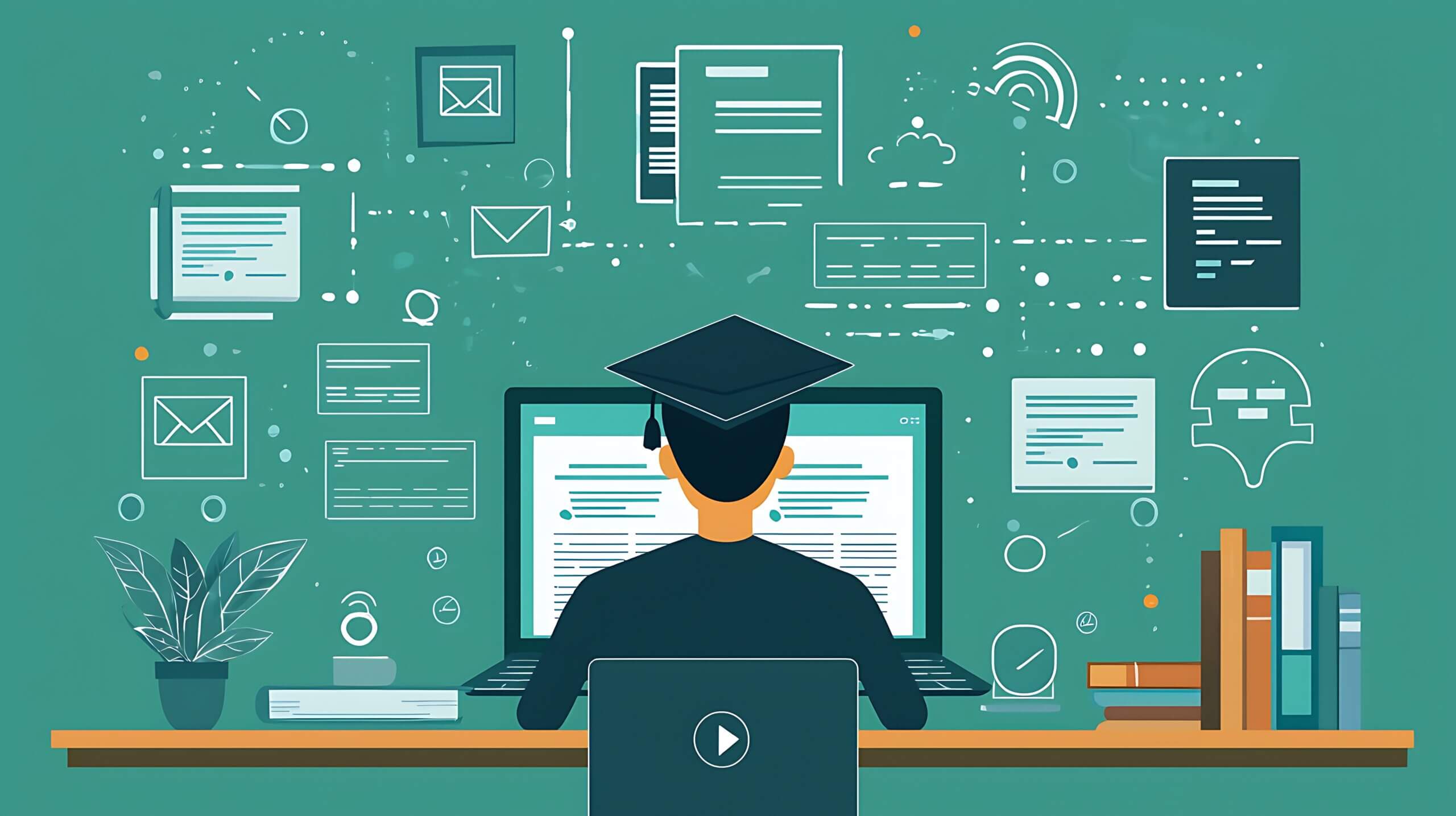 Online education, student studying at laptop with graduation cap, representing the future of learning and the accessibility of knowledge through digital platforms.
