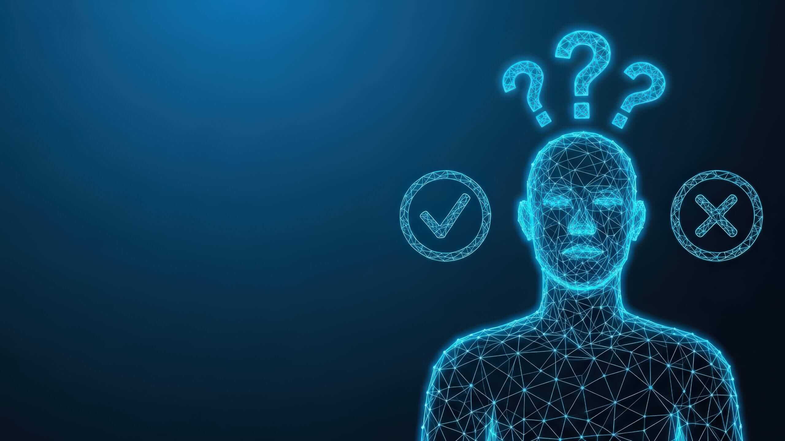 Human mind with glowing question marks above and a checkmark symbol representing decision making and uncertainty