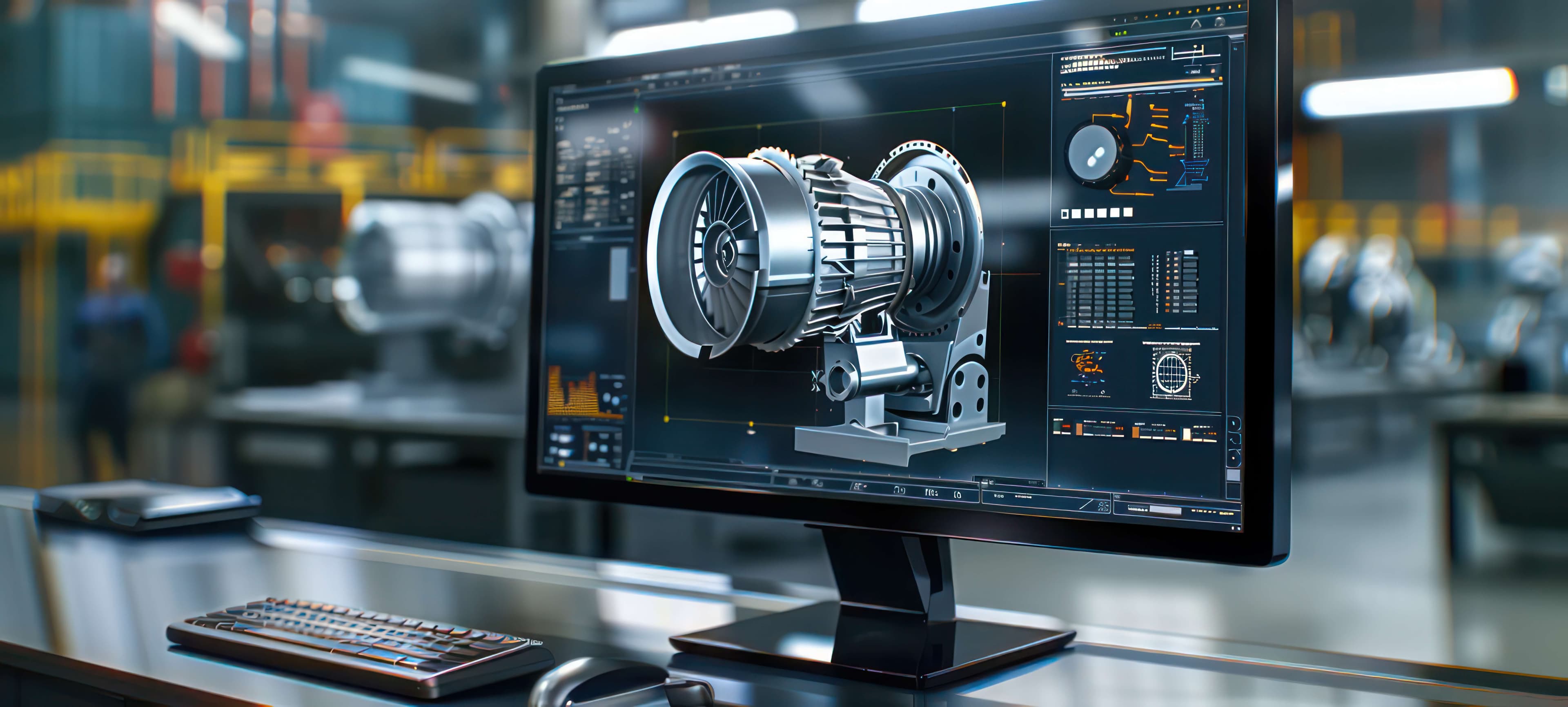 Engineering designer design 3D CAD software program Industrial engine model mechanical dimensional digital manufacturing factory engineer computer screen. 3d rendering.
