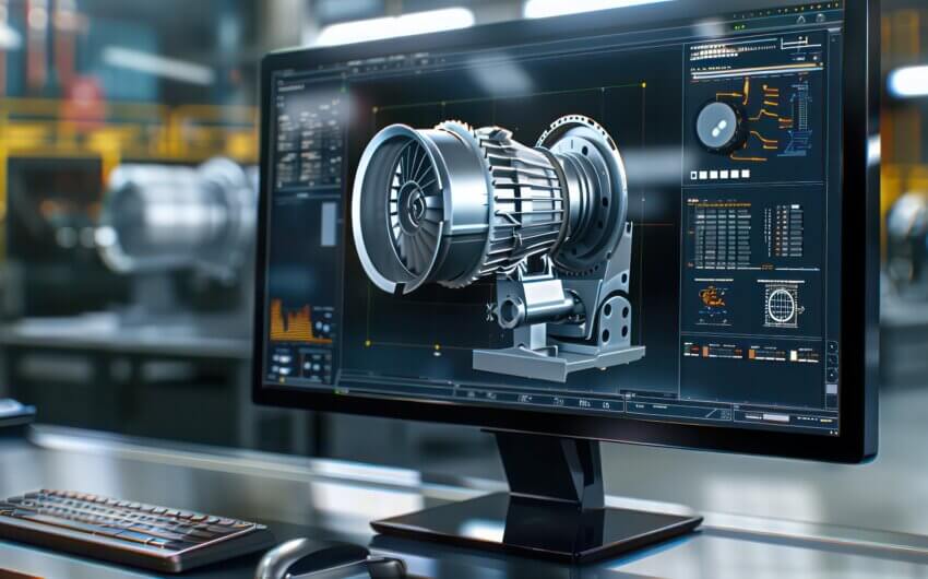 Engineering designer design 3D CAD software program Industrial engine model mechanical dimensional digital manufacturing factory engineer computer screen. 3d rendering.