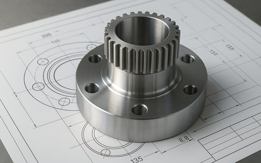 Precision steel gear flange component on technical drawing, machined industrial part with cog teeth, mechanical engineering manufacture concept, automotive machine detail, modern production technology
