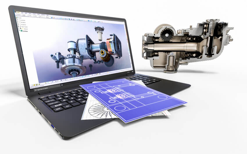 3D render image of a gearbox representing computer aided design for engineers